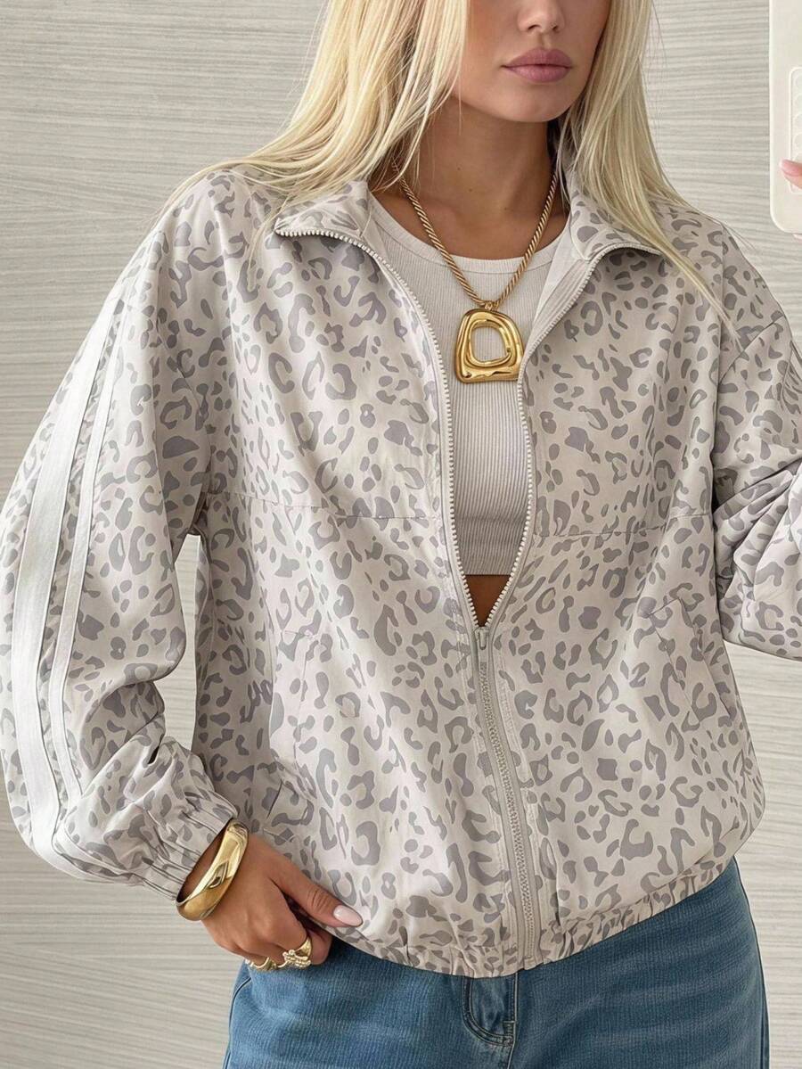 SHEIN EZwear 女款豹紋長袖前拉鍊休閒夾克