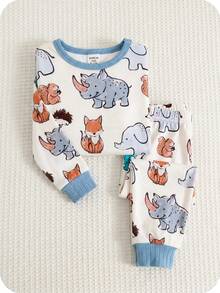 SHEIN Baby Boy Baby Girl Snug Fit Autumn/Winter Cute Animal Pattern Ribbed Crew Neck Long Sleeve Top And Pajama Pants Soft Comfortable Tight Fit Sleepwear Home Wear Set 2pcs, Christmas, New Year, Pajama - Multicolor - View 6