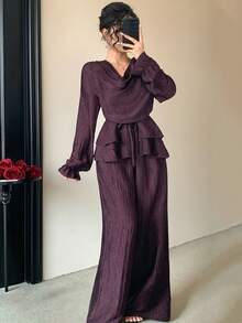 Joudiya Autumn Summer Dark Purple Ruffle Trim Shirt Straight Leg Pants Elegant Wedding Brunch Party Women 2 Pieces Set - Violet Purple - View 4
