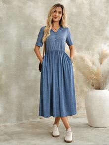 EMERY ROSE Women's V-Neck Blue And White Stripe Pleated Casual French Daily Mid-Length Dress Vacation Summer Birthday Dresses - Blue - View 7