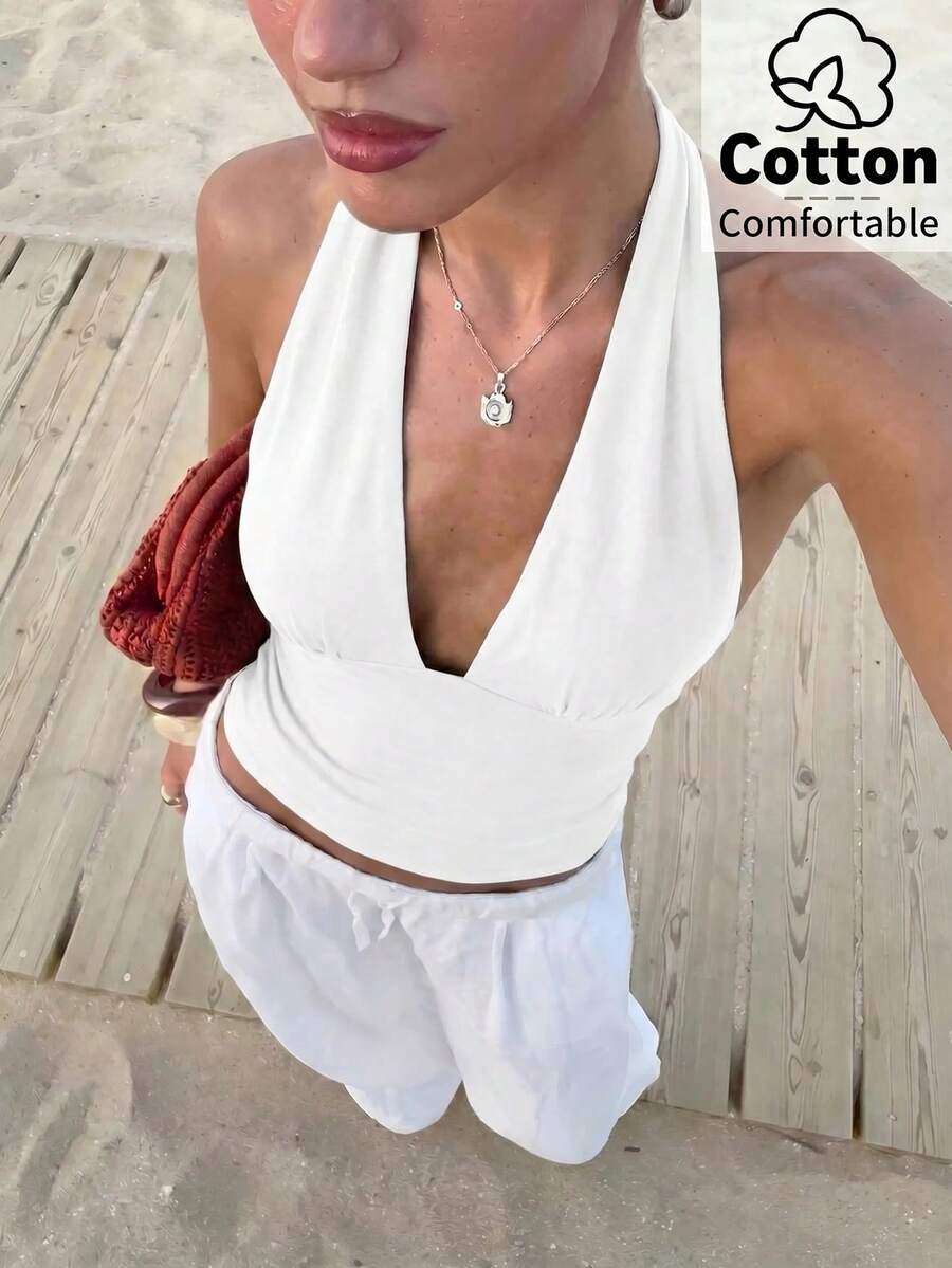 Firerie Women's New Solid White Rivet Backless Top, Sexy Deep V-Neck, Vacation, Music Festival, Spring/Summer Clothing, Dating Club Night, Party, Boho, Beach - White - View 1