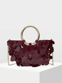 MOTF WOMEN'S FASHION BURGUNDY SEQUINED HANDBAG, ROUND HANDLE, EXQUISITE SHINY SIMPLE SEMI-ROUND BAG, SUITABLE FOR DATING AND PARTIES, SUMMER VACATION, TRAVEL, SEASIDE, BEACH, BOHEMIAN, MATCHING - Burgundy - View 3