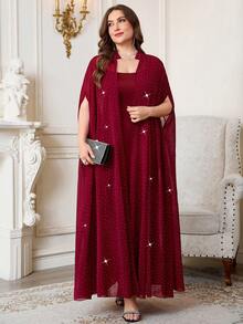 Reflora Plus Size Minimalist Solid Color Spaghetti Strap Dress And Long Shawl 2 Pieces Set - Burgundy - View 7