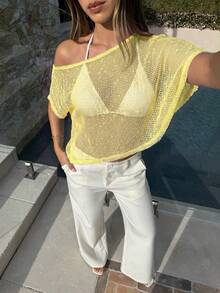 Aloruh Top asymétrique en tricot transparent de couleur unie pour femmes - Jaune clair - Voir 3