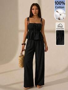SHEIN PETITE Women's Summer Casual Solid Color Camisole Top Long Pants 2 Pieces Set Vacation Black - Black - View 5