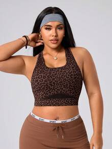 SHEIN Rhythm Era Women's Seamless Plus Size Sexy Athletic Leopard Print Mesh Racerback Medium Support Running Fitness Workout Yoga Sports Bra Gym Brown Summer - Coffee Brown - View 5