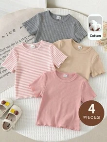 SHEIN Baby Girl Comfortable Ribbed Crew Neck Short Sleeve Top, Summer - Multicolor - View 3