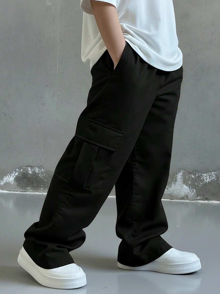 SHEIN 青少年男童休闲日常舒适拼接弹力腰宽松直筒纯色梭织裤运动裤青少年男童慢跑裤青少年防风裤青少年绿色裤子男童绿色裤子适合春夏季节日常穿着、运动、郊游、上学、聚会、节日、拍照 - 黑色 - 查看 1