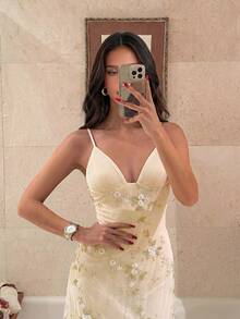 Aloruh Women's White Floral Elegant Party Maxi Dress, Deep V Ruched Bust Embroidered Fitted Waist Summer Wedding Guest Dress Island Vacation Outfits - Apricot - View 7