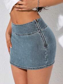 SHEIN EZwear 女款側開衩下擺休閒牛仔裙褲 度假藍 夏季 - 藍色 - 查看 4