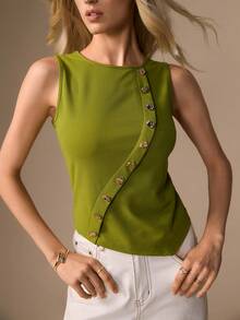 CielaLinda Women's Sleeveless Asymmetric Button Top, Minimalist Chic Tank Top - Green - View 6