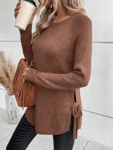 SHEIN LUNE 女款素色圓領長袖側綁帶休閒毛衣 - 紅木色 - 查看 6