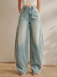 Anewsta Faux Pearl Washed Blue Vintage Crescent Moon Loose Relaxed Versatile Women's Jeans - Blue - View 2