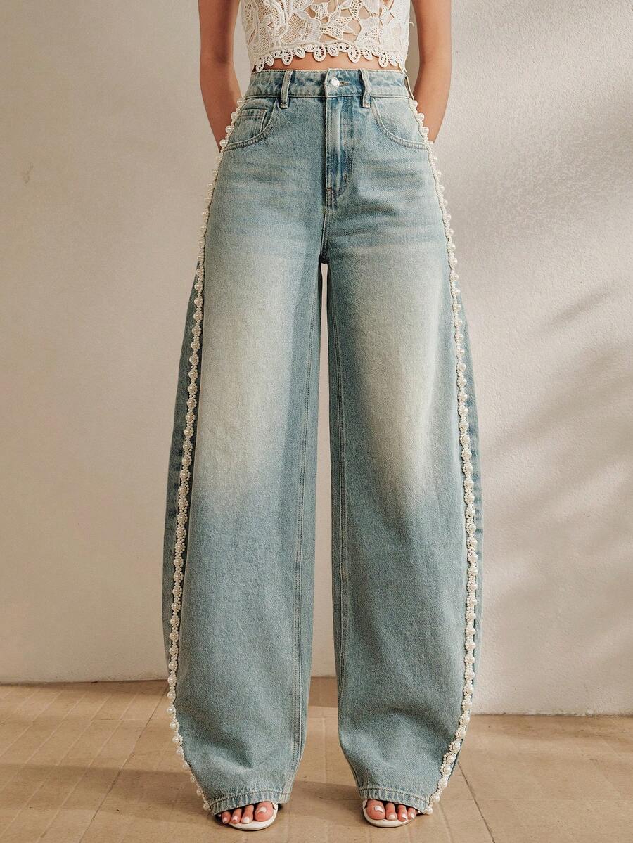 Anewsta Faux Pearl Washed Blue Vintage Crescent Moon Loose Relaxed Versatile Women's Jeans