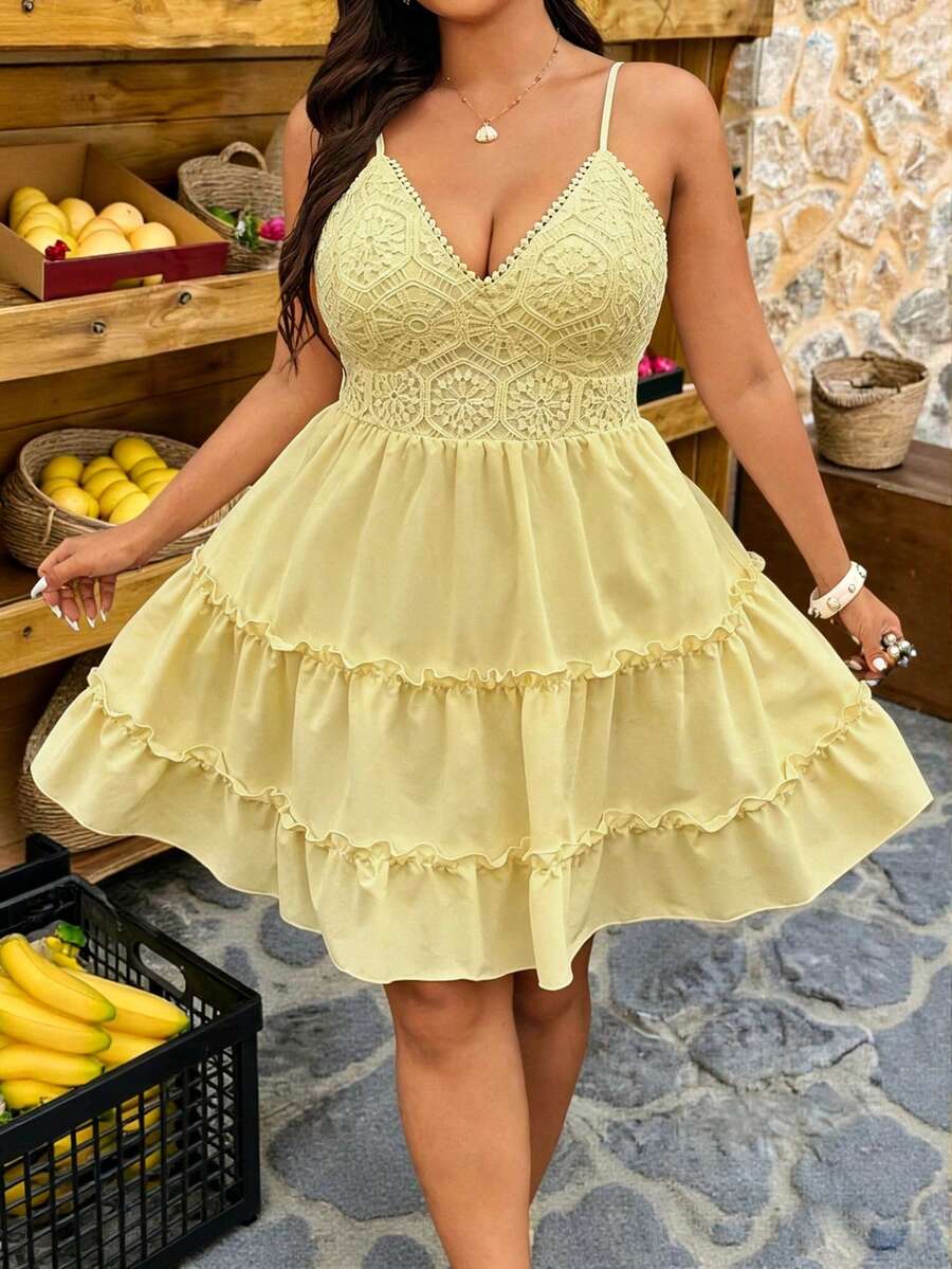 Vionelle Gaun Liburan Kasual Elegan Warna Kuning Mentega Ukuran Besar dengan Bordir dan Desain Ikat Belakang, Liburan Musim Semi/Panas - Kuning - View 1