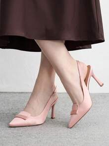 CUCCOO CHICEST 女款戶外尖頭細高跟布面鞋，時尚簡約舒適，配扣設計，適合日常宴會與派對穿著 - 沙丁 藕粉色 - 查看 5