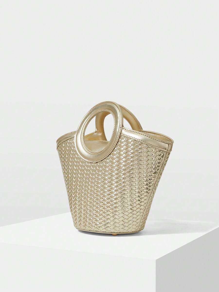 MOTF PREMIUM Bolsa de Ombro Dourada Feminina, Bolsa com Padrão Tecido Requintado, Formato de Leque Simples, Adequada para Vida Diária, Encontros, Compras, Férias, Viagens - Dourado - Visão 2