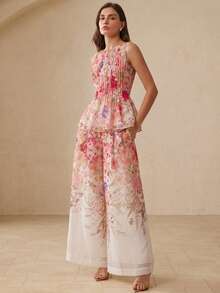 BELROSIE Summer Autumn Beige Colorblock Floral Print Ruched Waist Fla Top With Loose Wide Leg Pants, Women's 2 Pieces Set, Elegant Garden Party Vacation Wedding - White - View 5