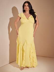 SHEIN BAE CURVE 大尺碼女款黃色荷葉邊浪漫長洋裝 - 黃色 - 查看 6