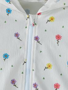 SHEIN Elladie kids 女童新款春夏/秋冬白色多彩花卉圖案紋理布料拉鍊連帽開襟衫，適合日常休閒時尚，可愛優雅且具運動風穿搭 - 白色 - 查看 9