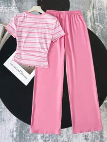 SHEIN 青少年女孩 T-Shirt 套裝 針織粉色條紋短袖 T-Shirt 與長褲休閒兩件套 - 粉色 - 查看 3