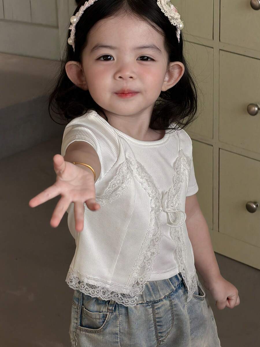 Dazy Kids Young Girls 2 In 1 Lace Patchwork Round Neck Short Sleeve T-Shirt, Fall Clothes - White - View 1
