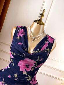 Rometta Plus Size Women's Elegant Knit Sleeveless Mesh Pink Floral Digital Print Double Layer Long Dress - Navy Blue - View 7