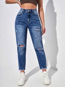 SHEIN EZwear 女款夏季高腰破洞媽媽版牛仔褲 - 深色水洗藍 - 查看 3