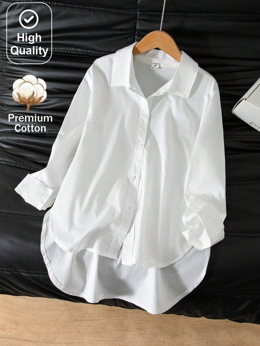 SHEIN 女童時尚休閒寬鬆慵懶中長版襯衫 - 白色 - 查看 1