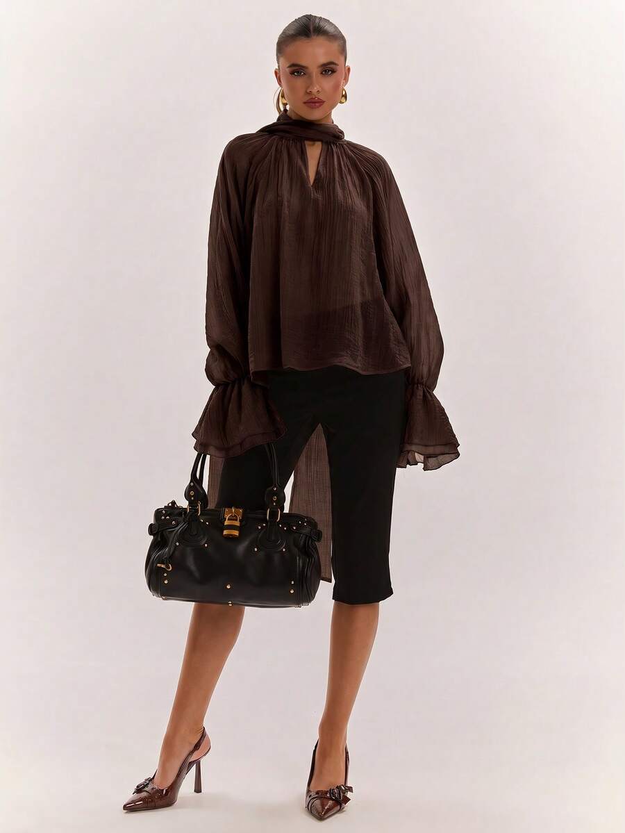 SHEIN BAE 女款素色百褶休閒百搭日常穿著上衣 - 咖啡棕 - 查看 1