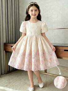 SHEIN Elladie kids Elegantes Sommerkleid für Kleine Mädchen mit Rundhalsausschnitt, Puffärmeln und Falten - Pink - Übersicht 4