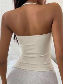 DAZY V-Neck Halter Sleeveless Padded Tank Top Bra Solid Color Women's Sports Bra - Beige - View 2