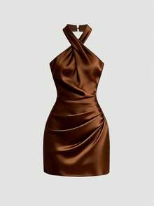 GlowEve Women's Halter Neck Backless Solid Color Ruched Criss-Cross Neckline Dress - Brown - View 5