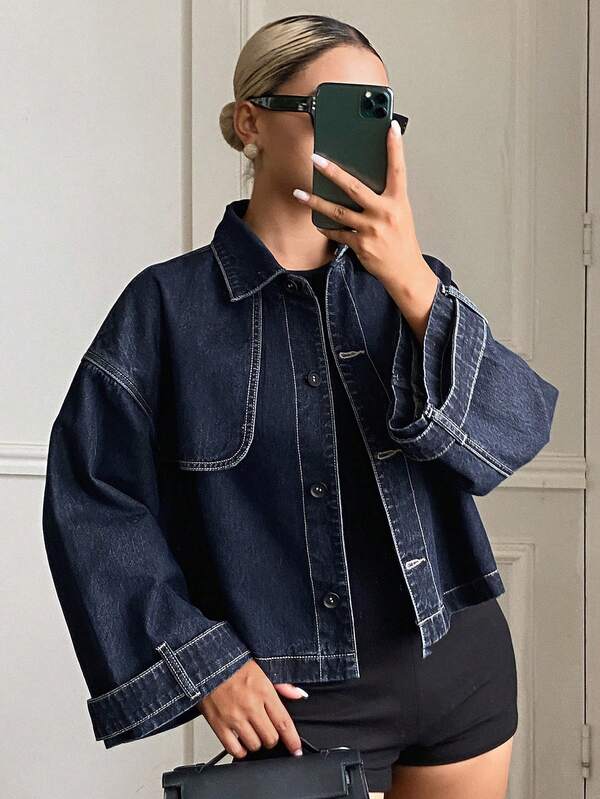 Livesso Autumn Women's Loose Fit Blue Denim Jacket With Turn-Down Collar, Contrast Stitching, Pockets And Batwing Sleeves, Casual Commute Streetwear