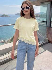 Elladie kids 青少年女孩純色圓領短袖蕾絲下擺T恤 - 杏色 - 查看 3