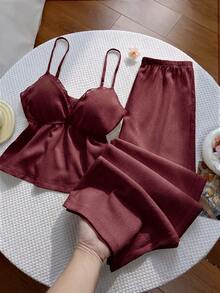 Sweetra Y2K Textured Fabric Patchwork Lace Trim Commuter Versatile Vacation Wide Leg Pants Set - Burgundy - View 3