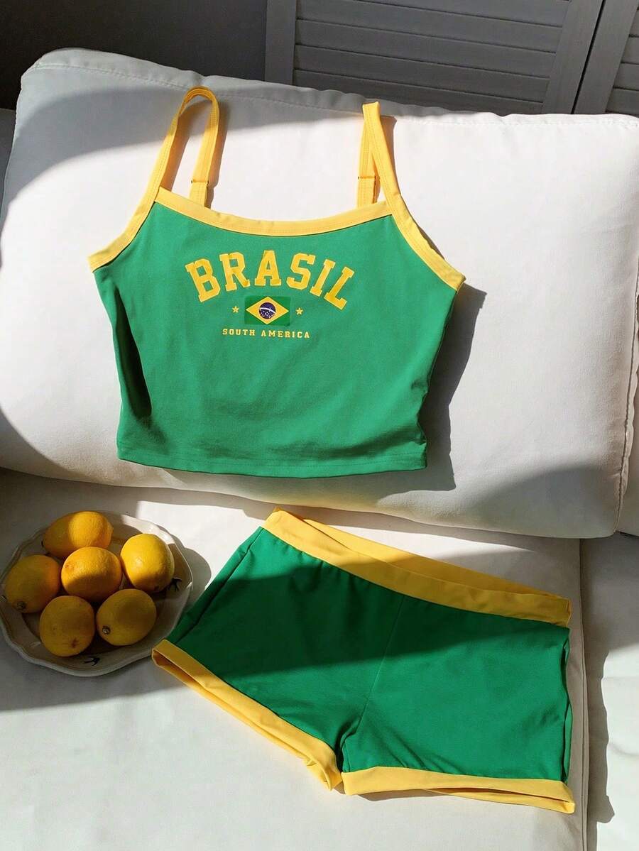 Summer Brazil Flag Color Letter Print Fitted Cropped Top And Shorts Set - Multicolor - View 1