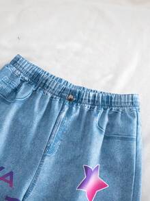 SHEIN 青少年女孩休閒 Y2K 時尚卡通印花丹寧效果彈性腰寬腿褲，寬鬆舒適，適合秋冬春夏，藍色 - 藍色 - 查看 5