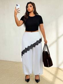 Auralis Plus Size Women's Contrast Lace 2 In 1 Elegant Pants - White - View 6