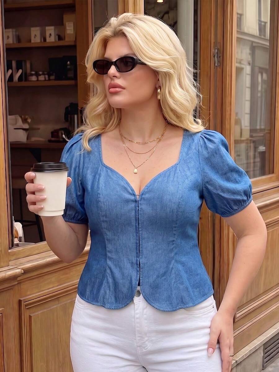 Dripcurv Plus Size Women Sweetheart Neckline Short Puff Sleeve Front Button Blouse