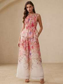 BELROSIE Summer Autumn Beige Colorblock Floral Print Ruched Waist Fla Top With Loose Wide Leg Pants, Women's 2 Pieces Set, Elegant Garden Party Vacation Wedding - White - View 4