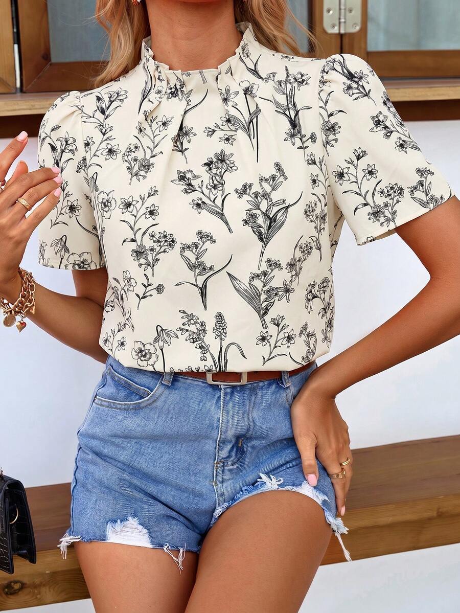 SHEIN Holidaya 女款春夏波點印花抓皺領口短袖上衣 - 杏色 - 查看 1