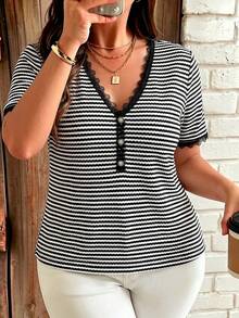 Breezaya Plus Size Women's French Style Elegant Button Half-Placket Lace Patchwork Contrast Color Top Holiday Black And White Summer - Black and White - View 7
