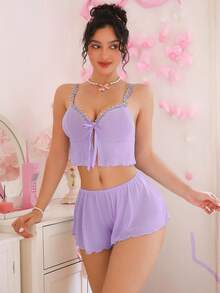 PetitDoll 2pcs Women's Lingerie Set With Floral Water-Soluble Embroidery And Sheer Mesh - Mauve Purple - View 4