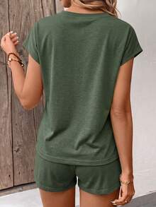 Zayélia Spring And Summer New Fashionable And Casual Military Green Short-Sleeved T-Shirt + Shorts Set - Army Green - View 2