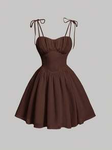 SHEIN MOD Solid Ruched Bust Cami Flared Dress,Sun Dress - Brown - View 1