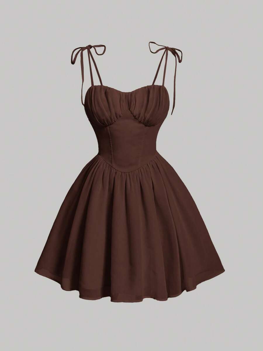 SHEIN MOD Solid Ruched Bust Cami Flared Dress,Sun Dress - Brown - View 1
