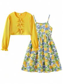 SHEIN 2Pcs/Set Tween Girls Knitted Back To School Ribbed Bow Decor Cardigan & Floral Print Camisole Set - Multicolor - View 4