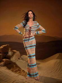 SHEIN Set Rajutan Jala Bergaris Bohemian, Penutup Pantai Transparan Berongga, Set 2 Potong untuk Liburan di Tepi Laut, Gaya Seksi - MultiWarna - View 3