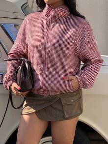Muchica Plaid Casual Elegant Frenchy Plus Size Women's Jacket Back-To-School Office Rodeo Formal White Autumn Fall - Red and White - View 5